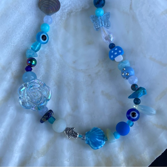 Ethereal Realms Blue Tone Beaded Necklace Silver Mushroom Roses Heart Hamsa - Picture 4 of 7